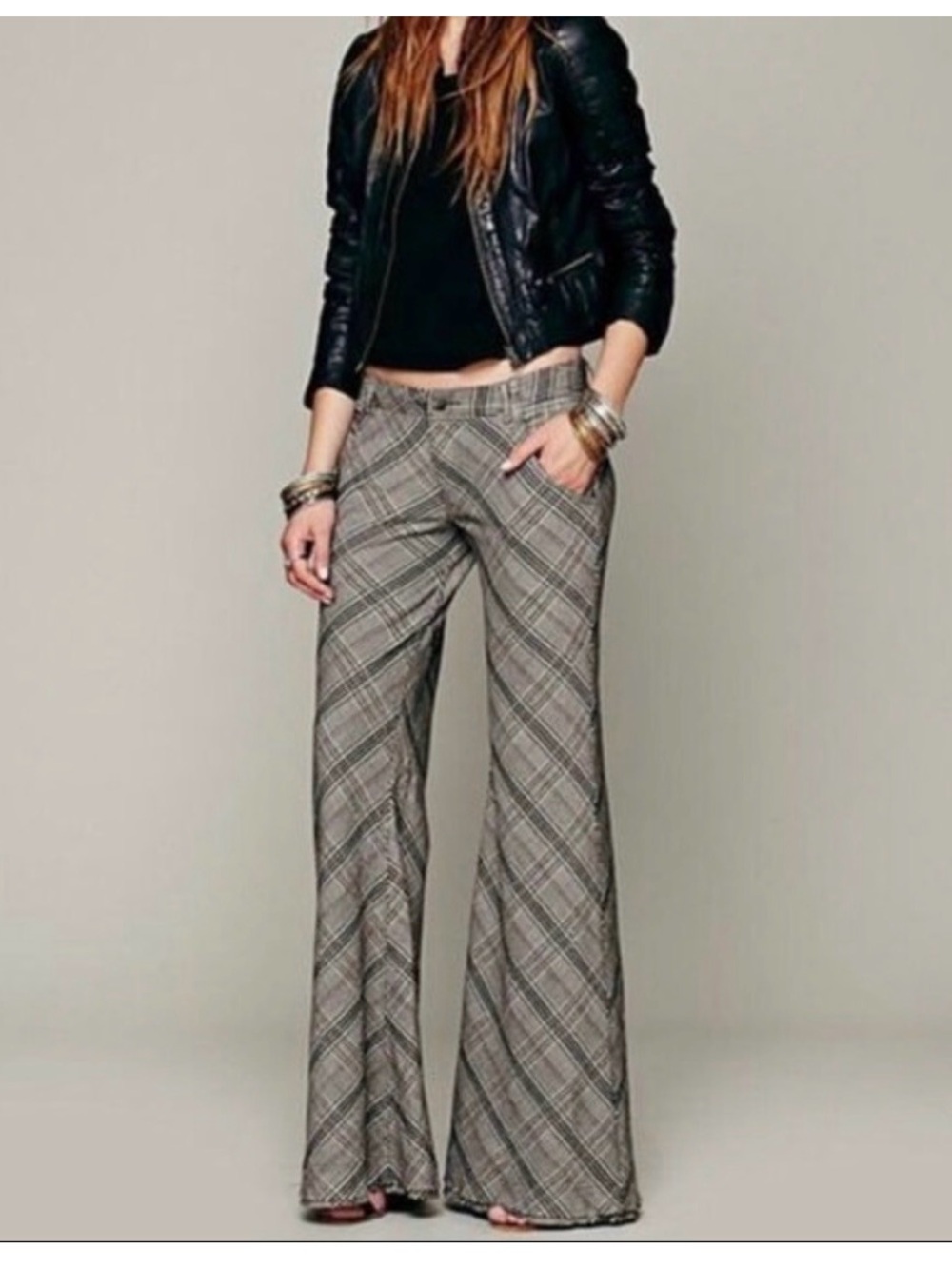 Free People Gray Plaid Wide-Leg Pants